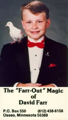 David Farr's childhood business card, The Farr-Out Magic of David Farr, showing him as a boy in a tuxedo and white dove on his shoulder